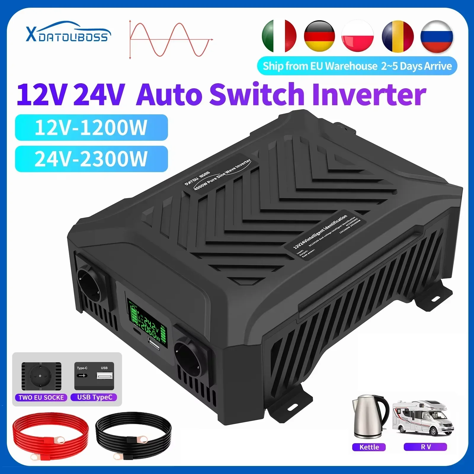 Inverter Onda Pura 2000W DATOUBOSS - 12V A 220V, Display LCD, Porte AC E USB, Per Camper, Casa, Viaggi
