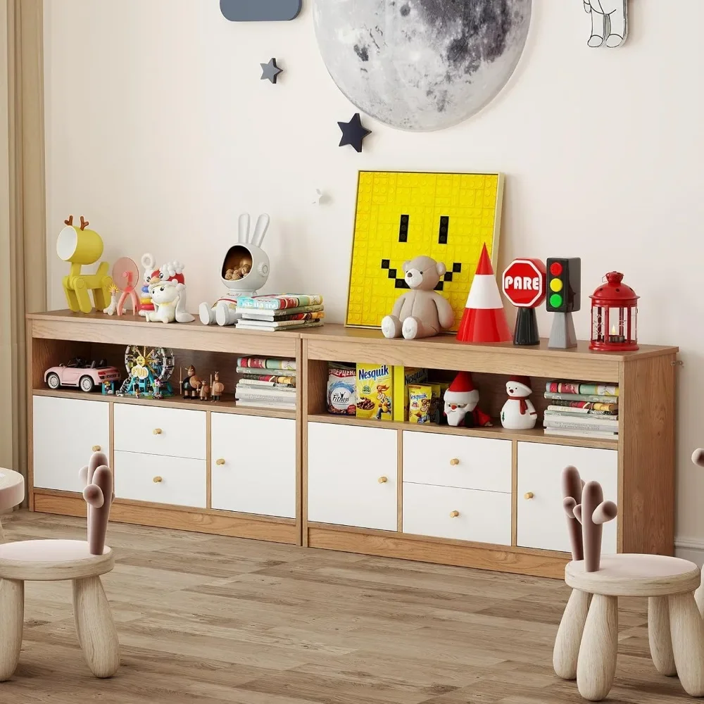 Toy Storage Organizer, Wooden Kids Bookshelf with 2 Drawers, 2 Cabinets & Open Shelf, Toy Organizers and Storage for Playroom 6