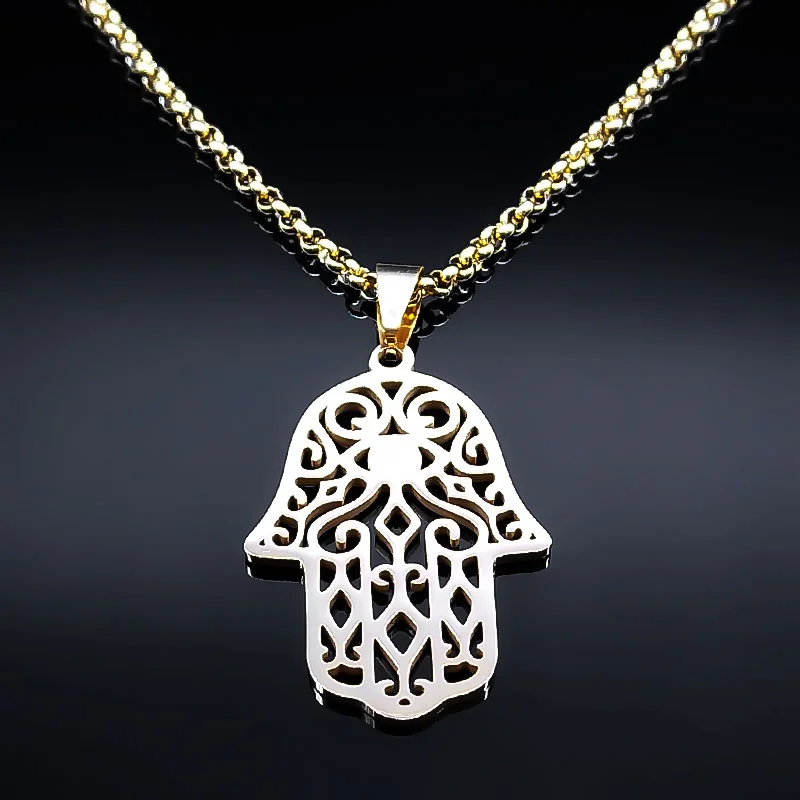 Vintage Arabic Hamsa Hand Pendant Necklace Stainless Steel Chain
