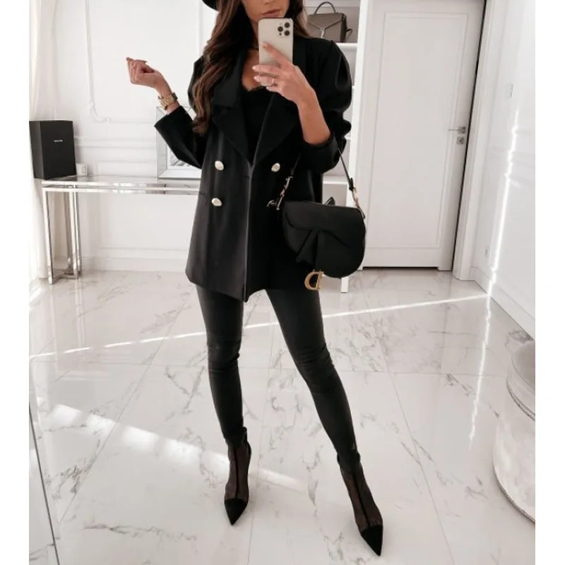 2023 New Autumn and Winter Fashion Solid Color Double Breasted Suit Temperament Commuting Loose Fitting Women's Casual Coat