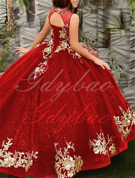 Luxury Red Flower Girls Dress Quality Gold Applique For Wedding Dresses Kids Princess Pageant Dreses Party Puffy Ball Gowns 1
