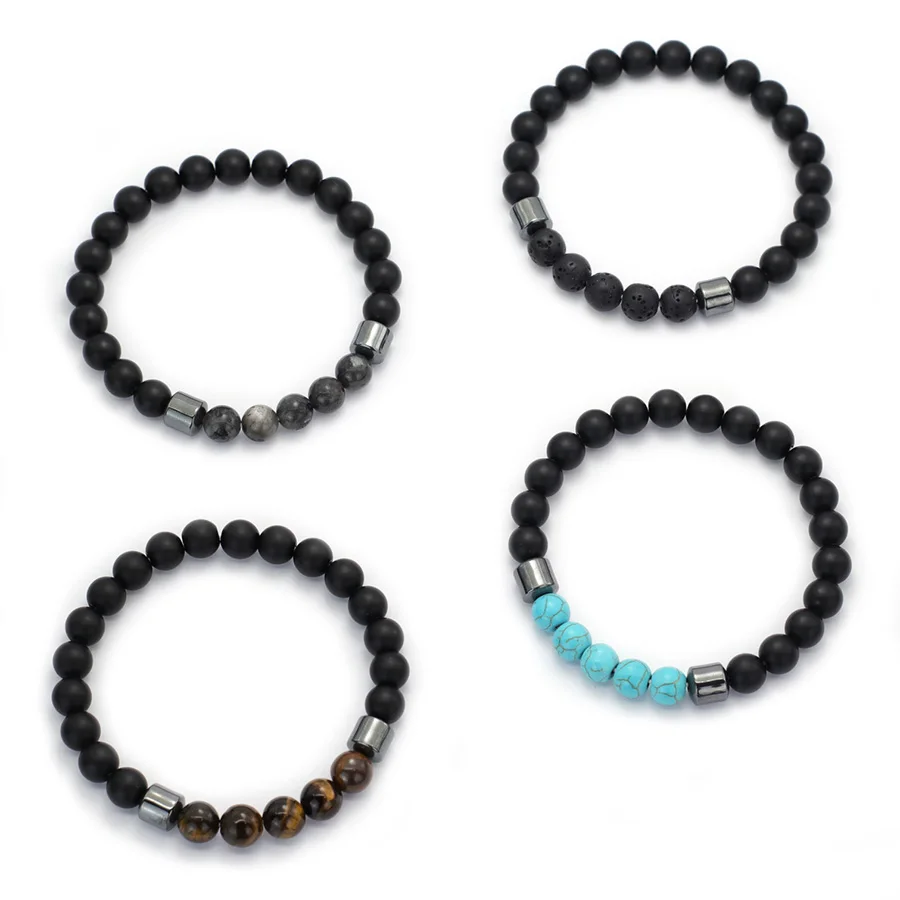 Men Tiger Eyes Beaded Volcanic Rock Stone Bracelet