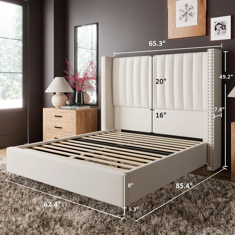 Queen Size Bed Frame Upholstered Platform Bed with Tall Headboard Wingback,Velvet,No Box Spring Needed,Easy Assembly 2