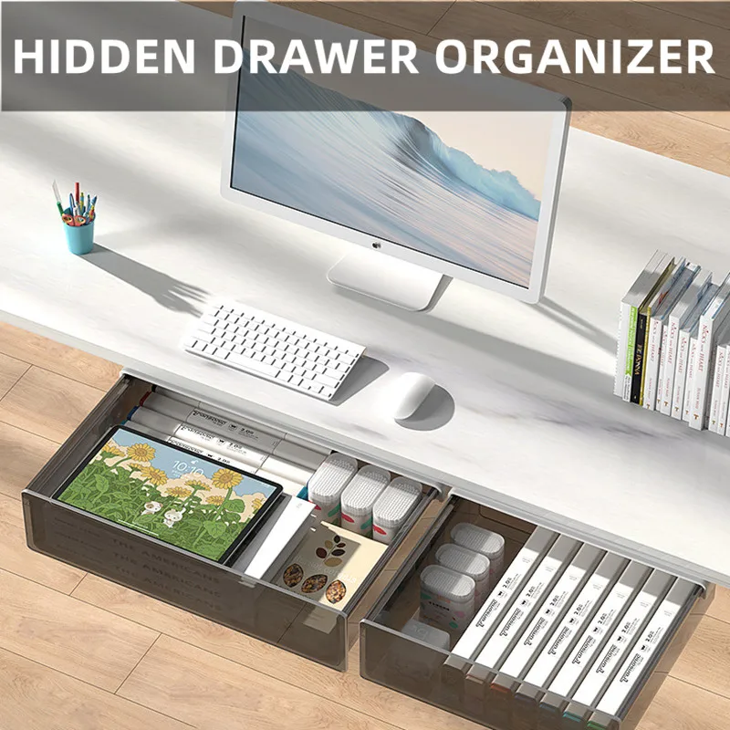 

Self Adhesive Under Desk Drawer Office Pen Holder Hidden Organizer Box Kitchen Knife and Fork Storage Tray Storage Box