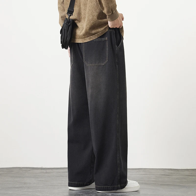 Plus Size M-8XL Men Baggy Jeans Elastic Waist Streetwear Y2K Trousers Straight Leisure Wide Denim Pants Denim Trousers