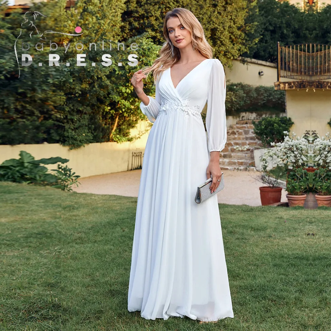 

BABYONLINE Elegant Modest Floor Long Sleeve Country Wedding Dress Simple Minimalist A-Line Chiffon Gown with Open Back and Train