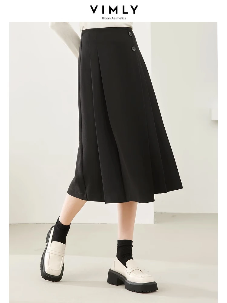 Vimly Black High Waisted Women's Pleated Skirt 2023 Autumn Solid Elegant Business Office Lady Irregular A-line Midi Skirts M3852