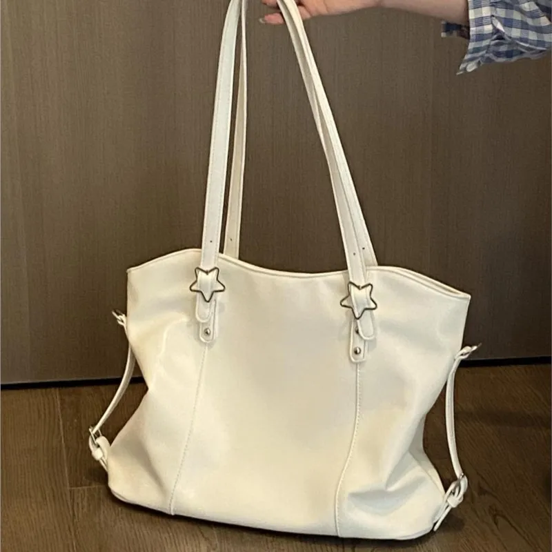 White Star Studded Tote Bag Women Leather Large Capacity Shoulder Bags Ladies Casual Versatile Commute Minimalist Crossbody Bag