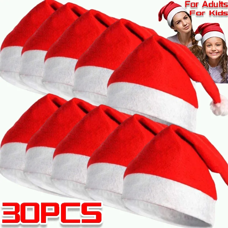 30/1PCS Christmas Hat Red Non-woven Adults Kids Xmas Hats Santa Claus Gift Hat for Merry Christmas New Year Party Prop Decor