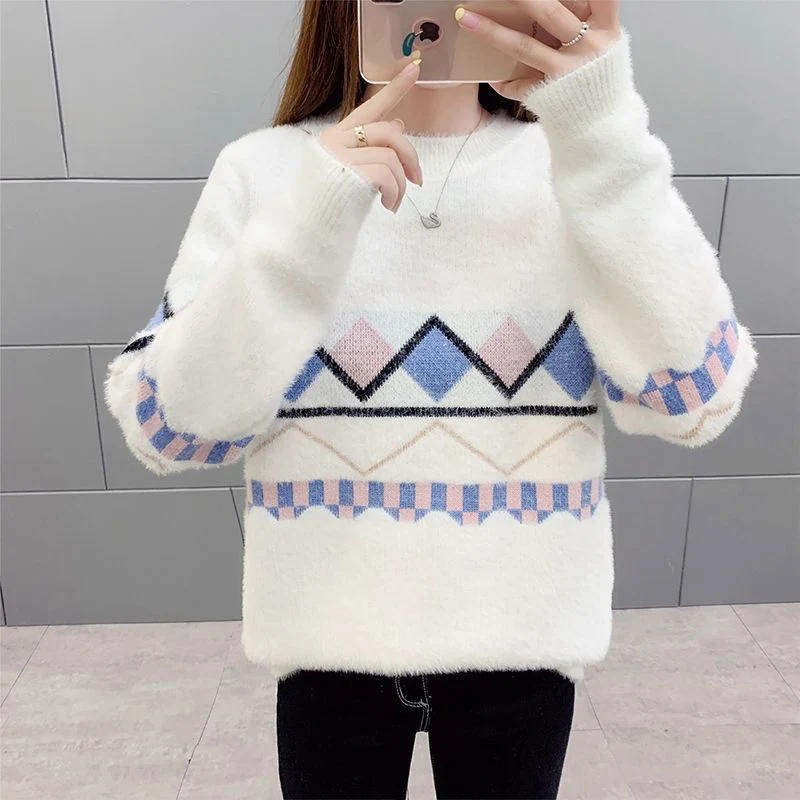 

Women Fashion Half Turtleneck Warm Sweater Autumn Winter Loose Casual Patchwork Knitwear Faux Mink Cashmere Knitting Pullovers