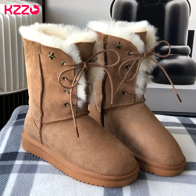 

KZZO New Women's Fashion Star Lace-up Boots Sheepskin Suede Leather Natural Wool Fur Lined Winter Mid-Calf Snow Boots Warm Shoes