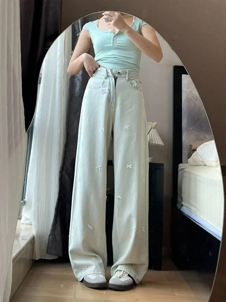 Autumn Korean Bow Hot Diamond Loose Fit Large Size Women Wide Leg Jeans Fashion Casual Straight Leg Versatile Jeans for Women