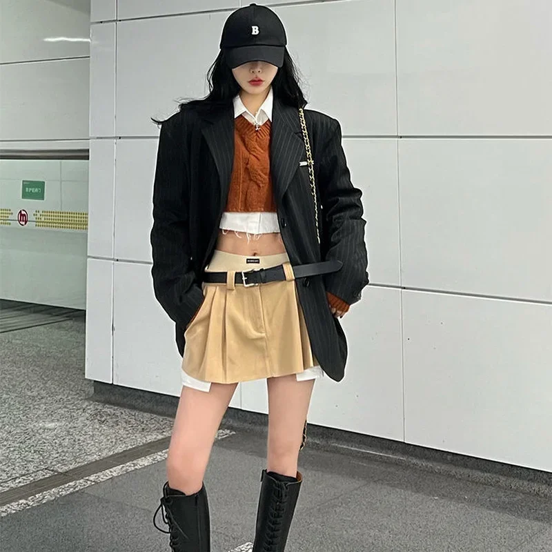 Women Y2K Fashion Crop Patchwork High Waist Sexy Pleated Belt Cargo Skirt Streetwear 2023 Vintage Irregular Micro Mini Skirt