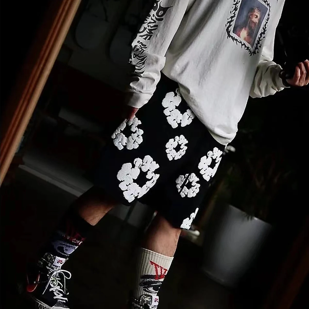 Yao888 Foam Graphics Fashion Vintage Athletic Shorts For Men Loose Streetwear HipHop Star Style High Street Cotton Pants