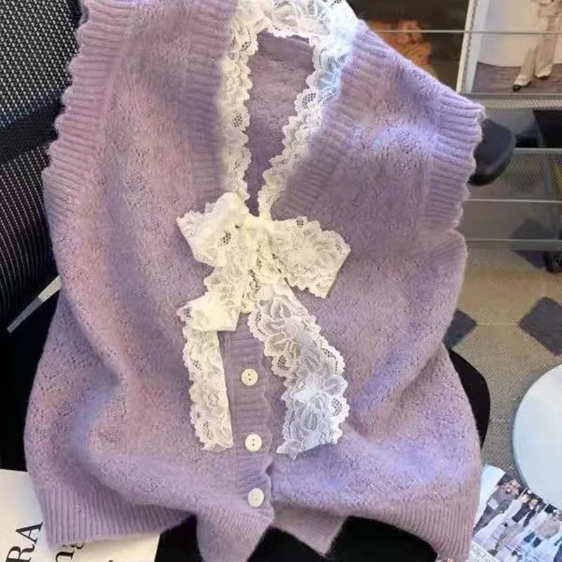 Women's Clothing Elegant Sweet Lace Bow Sweater Vest Autumn Winter New Fashion All-match Sleeveless Knit Top Lady Y2k Cardigan 1