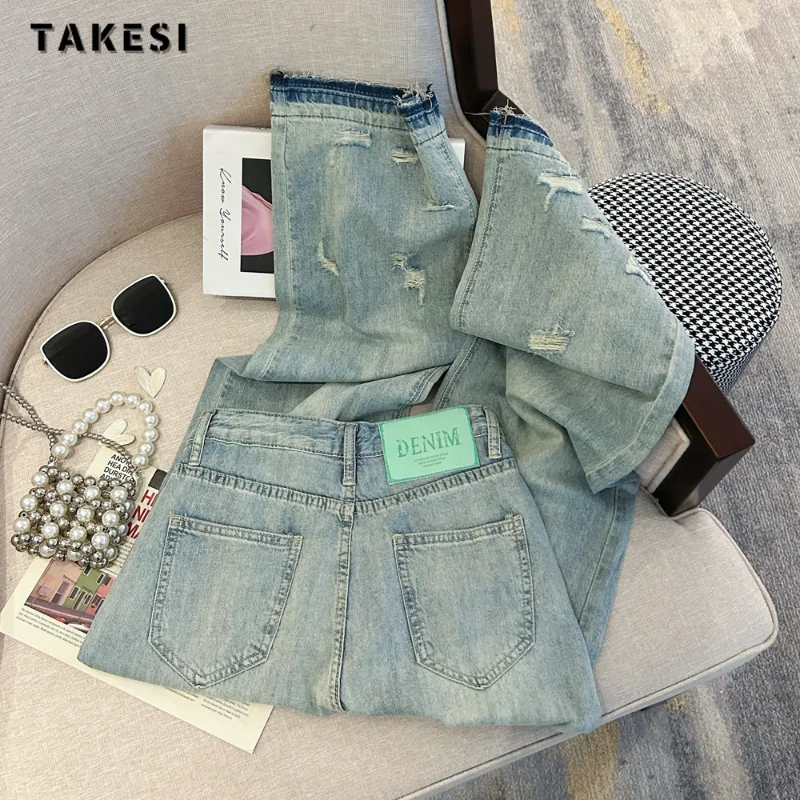

2023 Summer Harajuku High Waist Vintage Y2K Loose Jeans Pants Women's High Street Style Wide Leg Baggy Ripped Denim Trouser