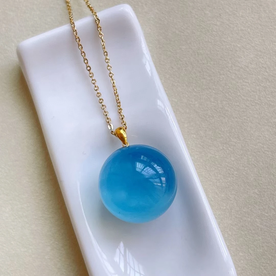 

Natural Blue Ice Aquamarine Pendant 18.5mm Clear Round Bead Sphere Women 18K Gold Necklace Jewelry AAAAA