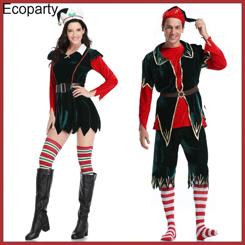 

New Men Women Santa Claus Green Elf Cosplay Costume Couples Christmas New Year Party Fancy Dress Clothes Suit For Adult