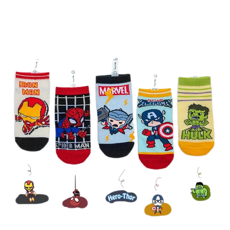 

5 Pairs Spiderman Children Socks Anime Kids Boys Short Sock Iron Man Captain America Cartoon Baby Summer Spring Boat Socks 1-12Y