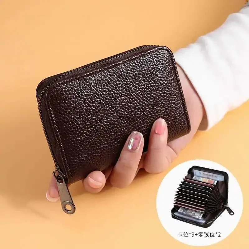Multi Slot Card Holder Vintage Small Wallet Women Men Business Bank Credit Card Bag Male Coin Pouch Solid Leather Zipper Wallet 3