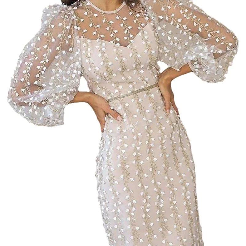 

Temperament White Dress O-neck Mesh Long Sleeve Slim Fit Wedding Clothes Summer 2024 New Robe Elegant Party Dresses