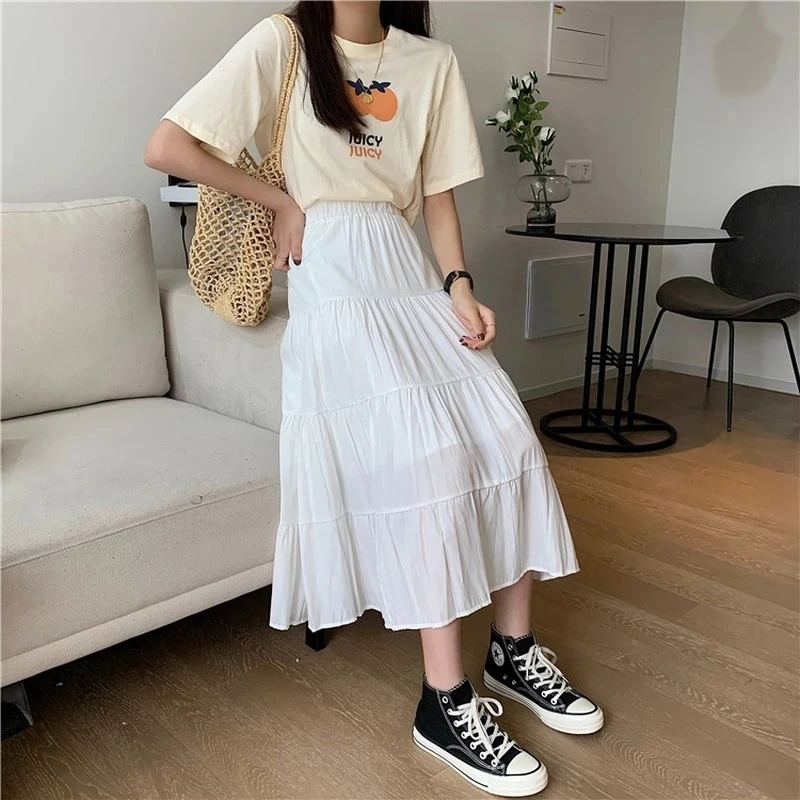 

Spring Summer Women Chiffon Skirts Vintage High Waist Elastic Patchwork White Black Chic Long Cake A-line Skirt for Student