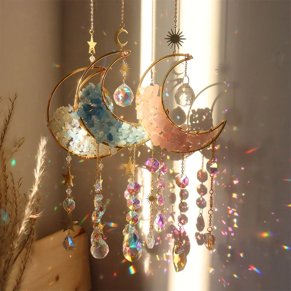 Moon Shape Crystal Wind Chime Hanging Prism Rainbow Light Catcher Natural Stone Craft Ornament Home Garden Decor
