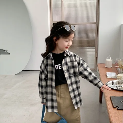 Spring Autumn Girls Boys Casual Plaid Long Sleeve Blouse Baby Kids Children Shirt