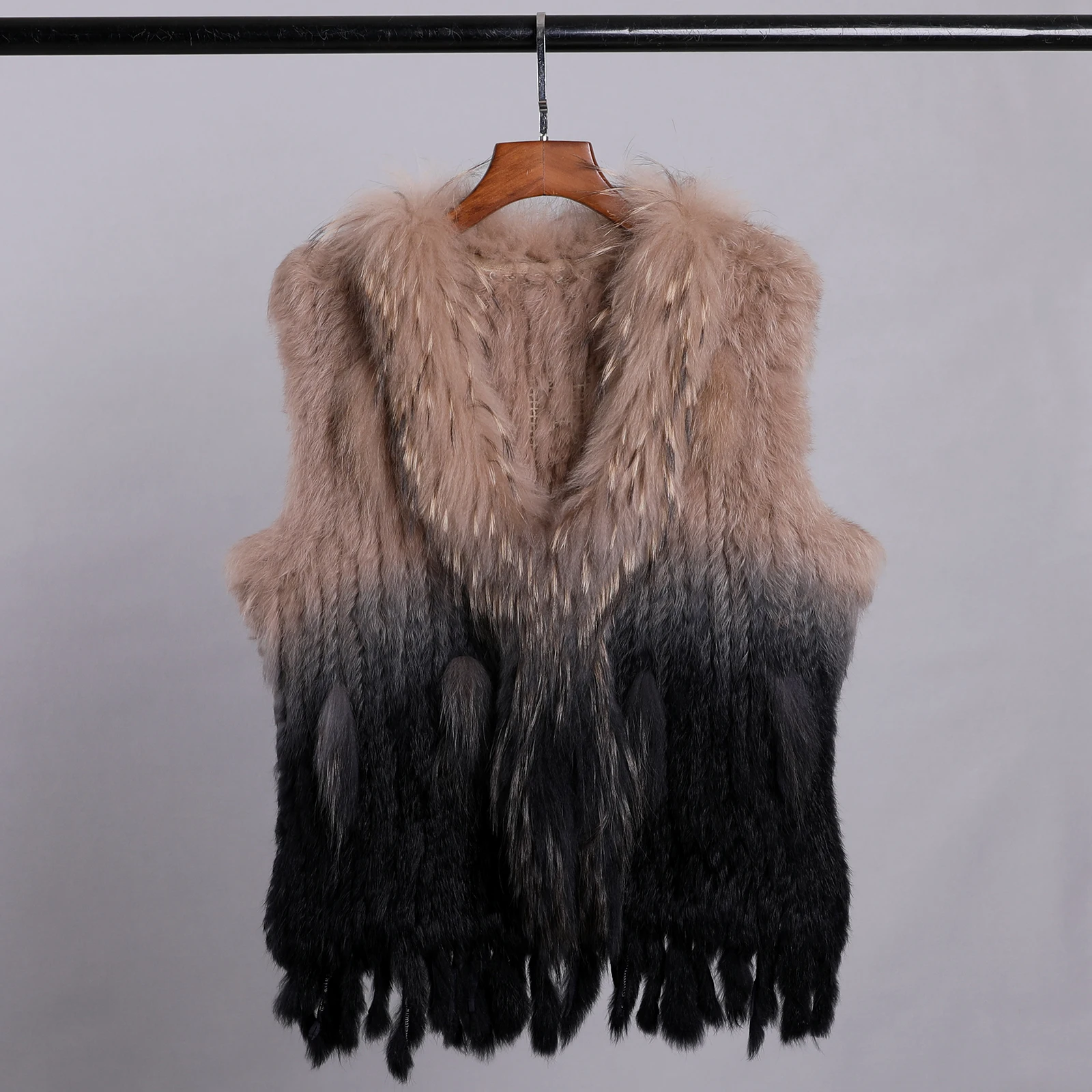 Luxury Women's Genuine Premium Long Hair Rabbit Fur Knit Vest Raccoon Fur Trim Gilet Lady Sleeveless Waistcoat Real Fur Jacket 3