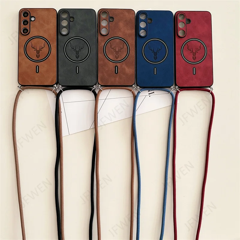 Deer Design Magnetic Crossbody Lanyard Case with Hard PC Leather Cover