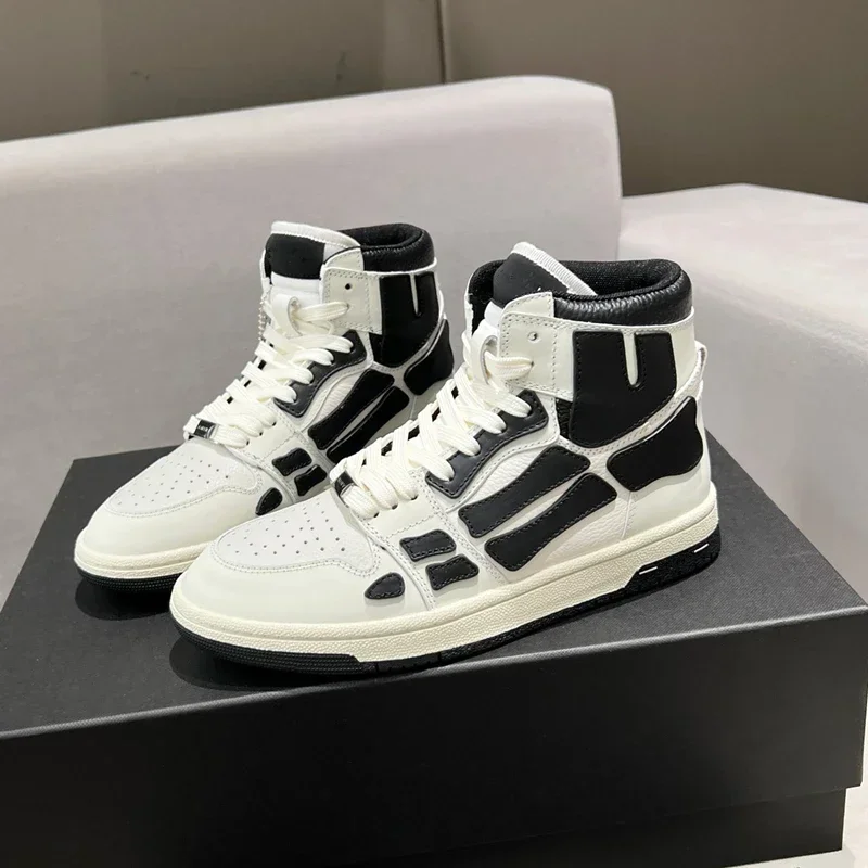 

cowhide High barrel Stitched Bone Shape Unisex Sneakers Women Shoes Platform Leather Tennis Shoes Student Girls Men Shoes