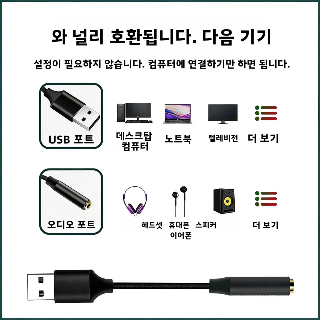 USB-3.5mm 오디오 어댑터, 노이즈 캔슬링 외부 사운드 카드, 플러그 앤 플레이, 정전기 방지, 윈도우, 맥, 리눅스 PC, 노트북 헤드폰용