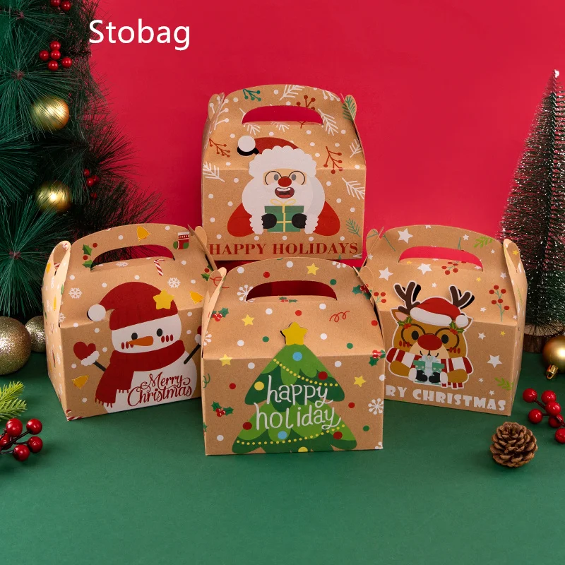 

StoBag-Christmas Gift Box for Kids Handle Paper Cookies Snack Chocolate Food Package Spring Festival Party Santa Claus 4Pcs