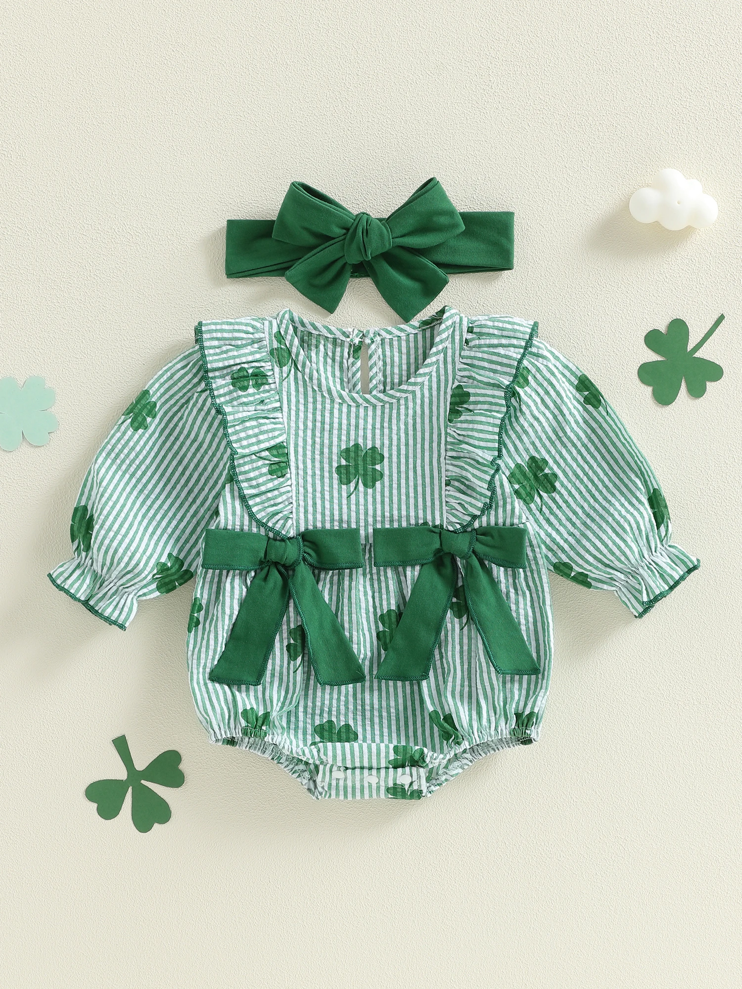 St Patrick s Day Toddler Girls 2 Piece Set Green Clover Print Romper with Matching Bow Headband for Irish Celebration