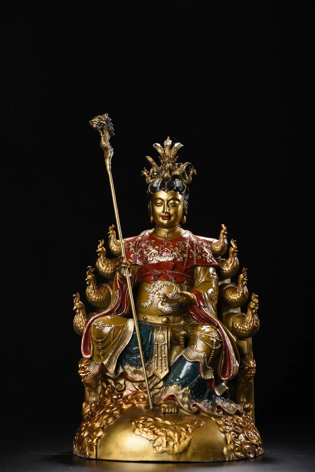 

16"Tibetan Temple Collection Old Bronze Painted Queen Mother of the West Phoenix Seat Sitting statue Worship Hall Town house