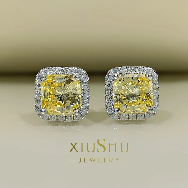 

Xiushu Gaoding Princess Square Earrings Female Yellow Diamond Pink Group Stone Set 1 Carat 925 Silver