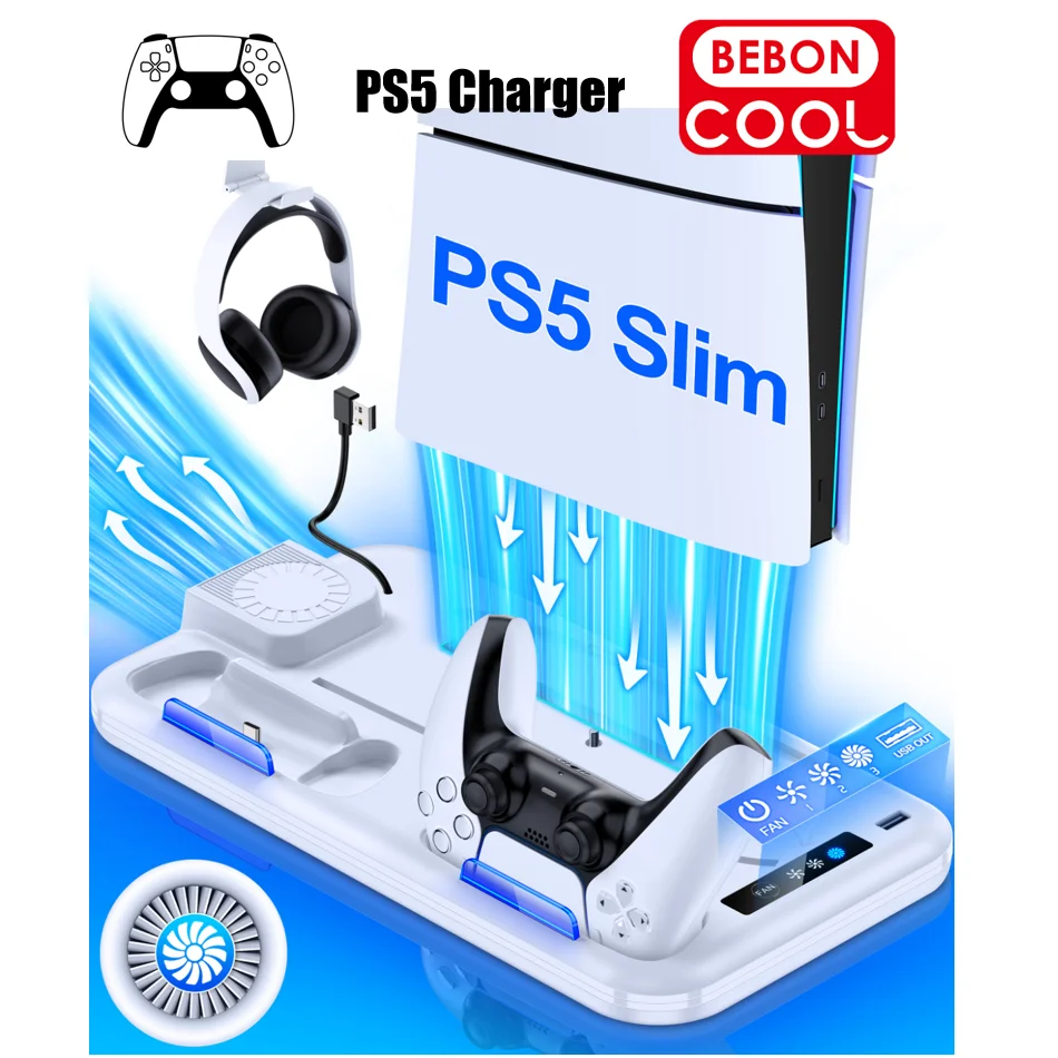  BEBONCOOL S4000 For PS5 Slim Disc/Digital Dual Fast Charging Cooling Stand Vertical Cooling Station For PlayStation 5