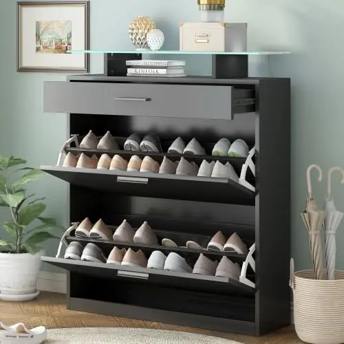 

Slim Entryway Organizer with 2 Flip, Tempered Glass Top Storage Cabinet with Drawer, Free Standing Shoe Rack with LED Light