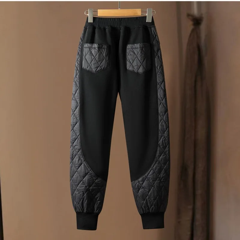 Autumn and Winter Women's Solid Color High Waist Elastic Spliced Thick Belted Harlan Commuter Loose Pockets Casual Cotton Pants