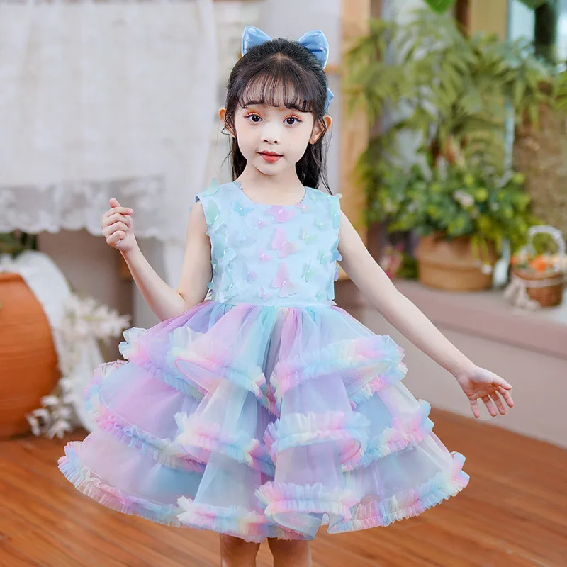 

Toddler Girl Blue Pink Princess Dress Wedding Birthday Party Tulle Short Evening Gown Luxury Pageant Children Eid Summer Dresses