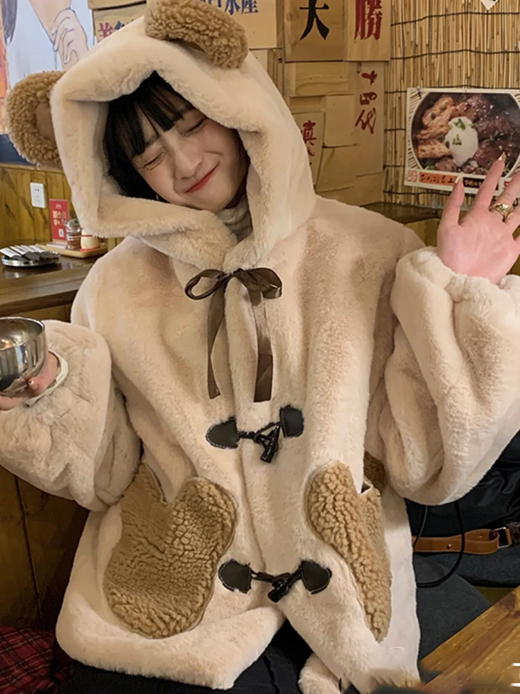 Women2022 Winter New Lovely Bear Hotsweet Jackets Loose Fashion Female Coats Lambhair Plush Thickening Long Sleeve Hooded Jacket