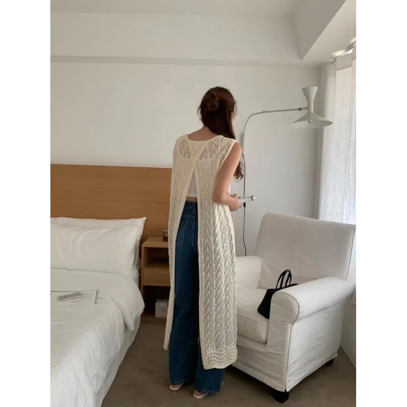 

TFETTERS Brand Fashion Tank Top Women Clothing 2023 Spring Split Back Hollowed Out Knit Vest Solid Sleeveless Crop Top Women