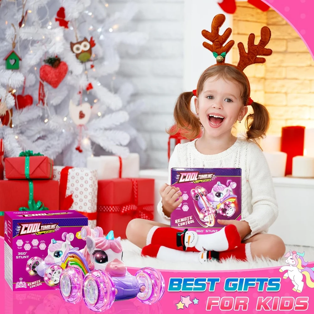 Unicorn Remote Control Car for Girls, RC Stunt Car with Cute Lights, 360° Rotating Double-Sided 4WD, Birthday Gift for Kids 5
