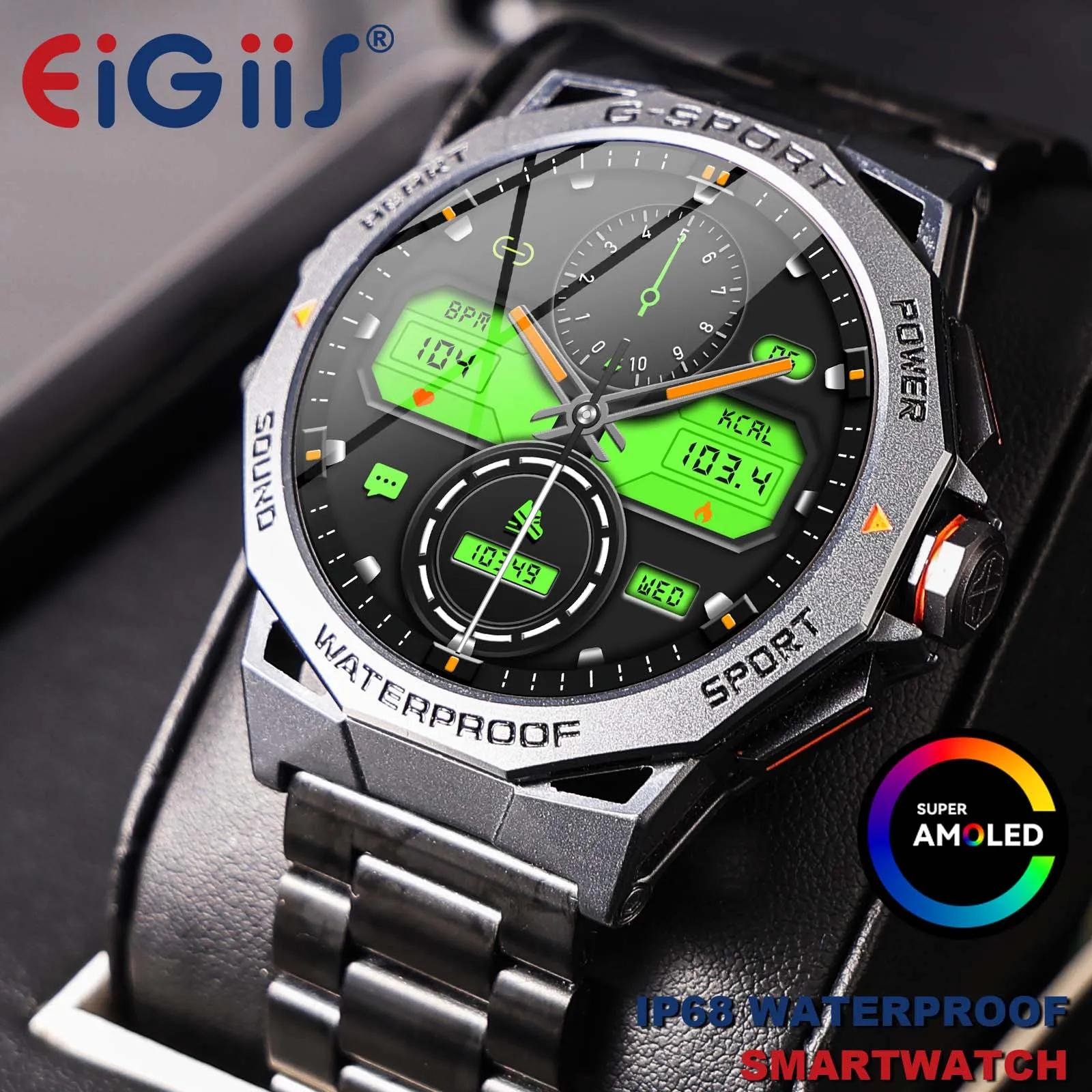 

EIGIIS Smart Watch AMOLED Military Men Health Fitness Tracker Heart Rate Blood Pressure Monitoring Sleep Quality Analysis IP68