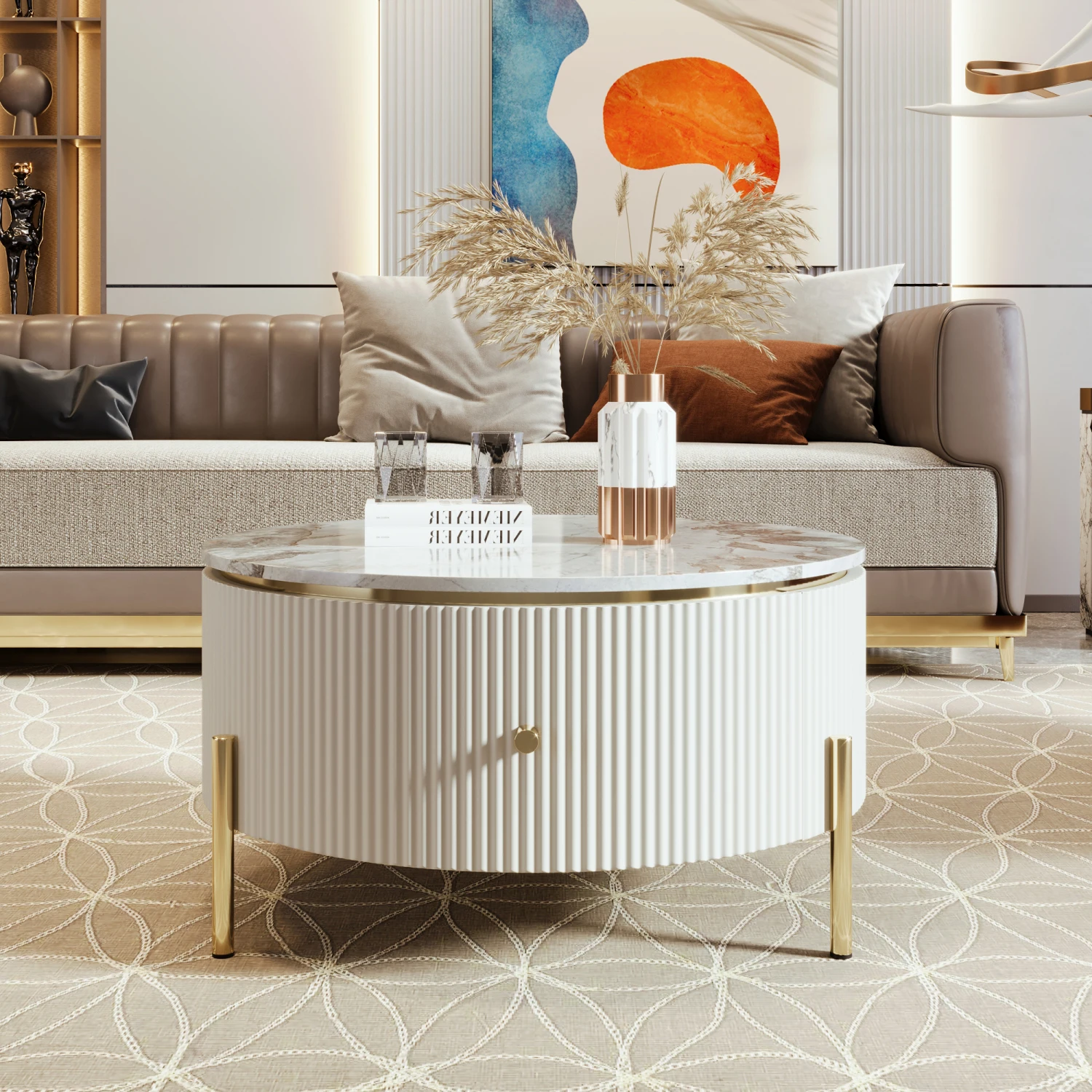 

Stylish Modern Round Coffee Table featuring 2 spacious Drawers for convenient Storage - Perfect Accent Table for your Living Roo