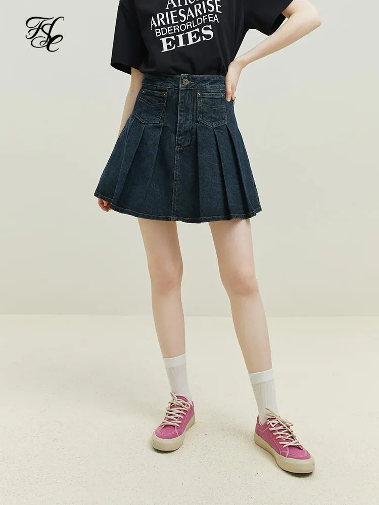 

FSLE Retro Denim Blue Women Mini Skirts High Waist Pocket Decoration Short Denim Pleated Skirt 74.1% Cotton Spice Girl Skirt