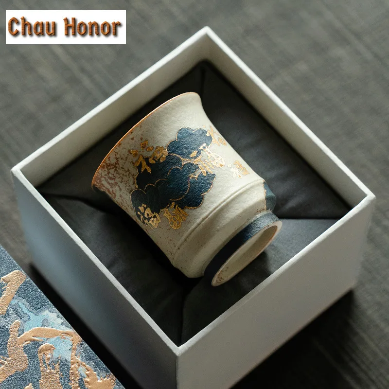 95ml Blue And White Flint Red Teacup Handmade Gold Drawing Auspicious Clouds Master Cup Personal Coffee Mug Water Jug Drinkware