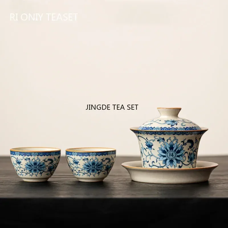 Chinese Traditional Blue and Flower Ru Kiln Gaiwan Teacup Handmade Ceramic Tea Tureen Household Tea Bowl Travel Portable Teaware