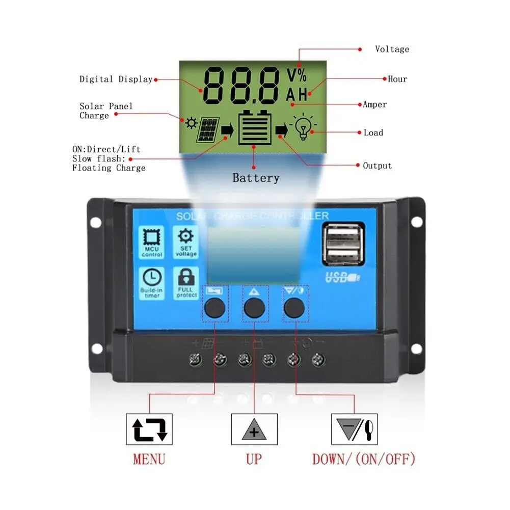 PowMr PWM 30A Solar Charge Controller 12V 24V Solar Controller with Adjustable LCD Display Dual USB For OPNE/AGM/GEL Battery