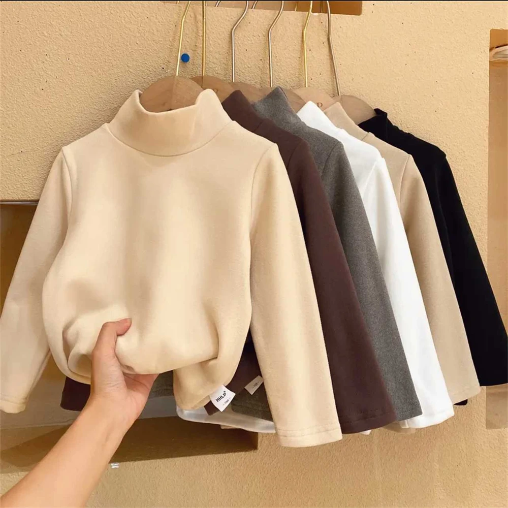

Autumn Winter Boys Girls Turtleneck T-shirts Warm Tops Solid Long Sleeve Fleece Bottoming Shirts Tees for Kids Clothes
